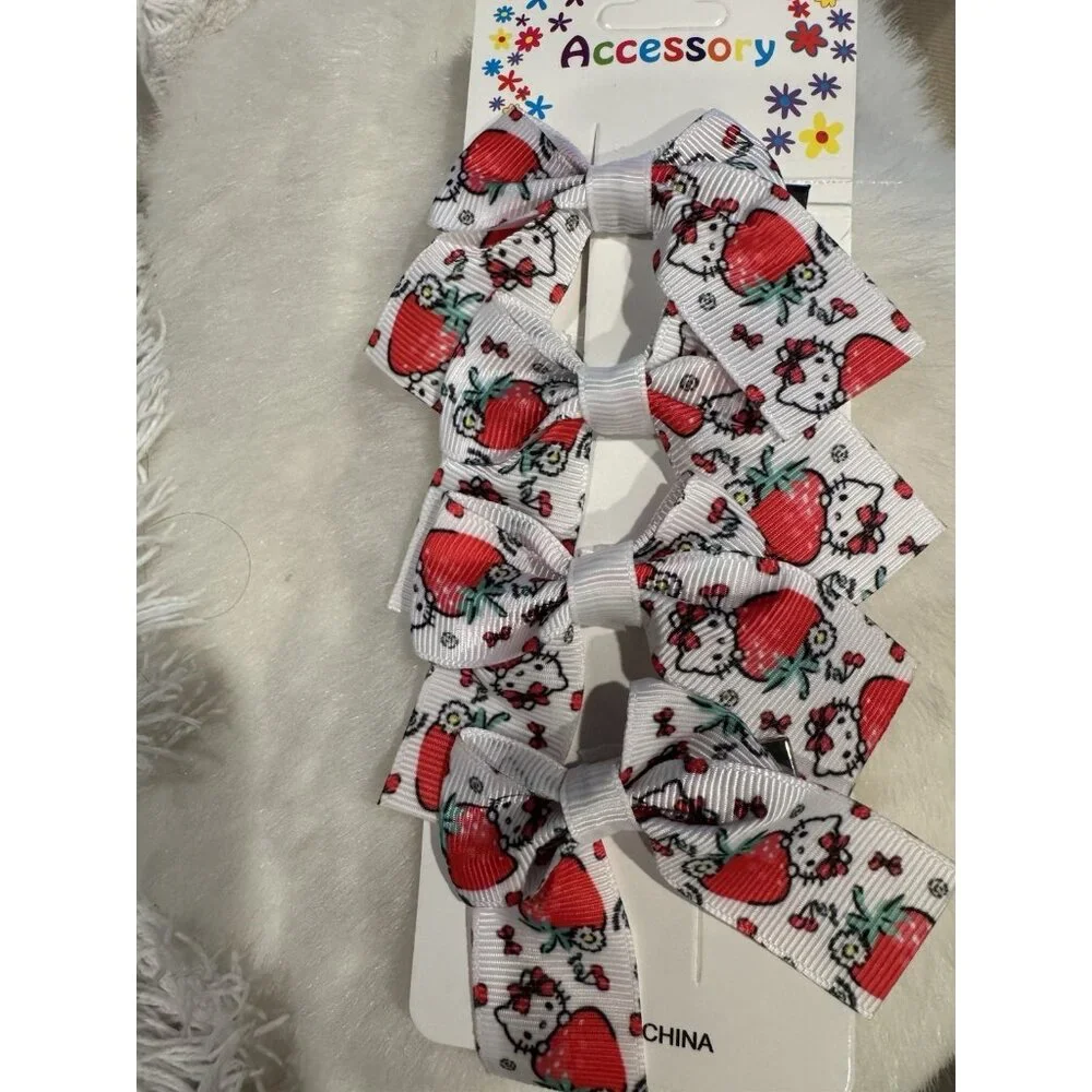 Hello Kitty Fashion Colorful Pink Hair Bow Strawberry Hair Clip for Girls 4 PC